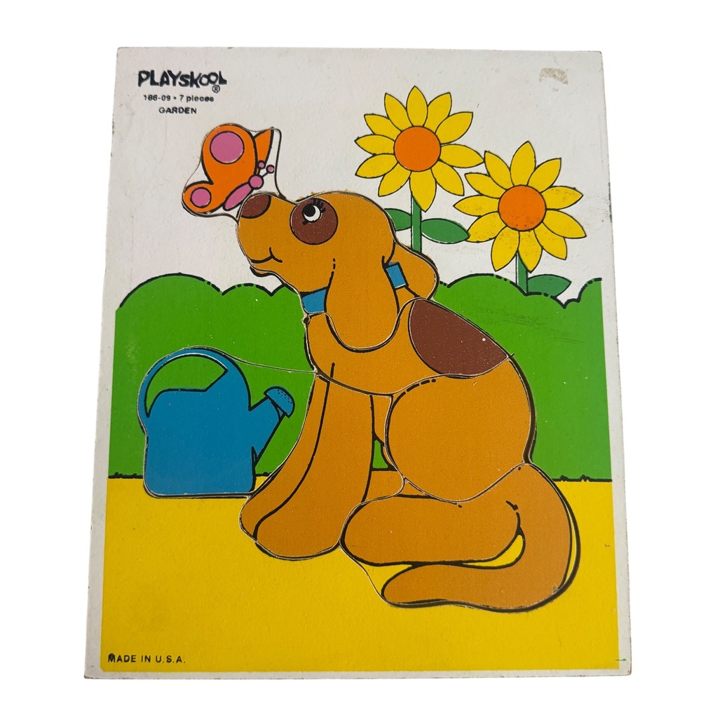 Playskool Garden Dog Butterfly Wooden‎ Peg Puzzle 7 Pieces Made in USA Board